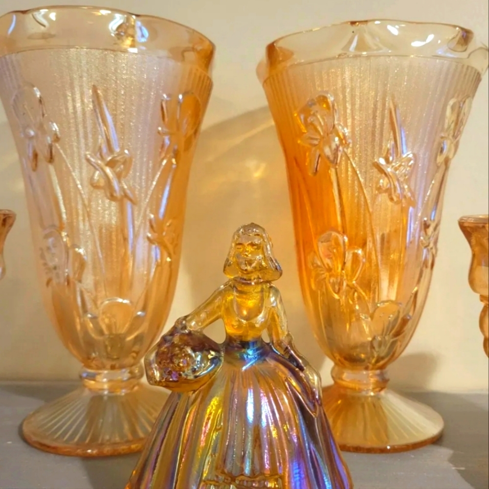 2 iris depression glass vintage vases